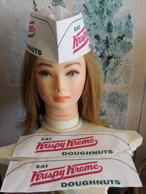 KRISPY KREME PAPER SERVER HATS, 3 UNUSED VINTAGE DOUGHNUT MAKER CAPS, FUND RAISE